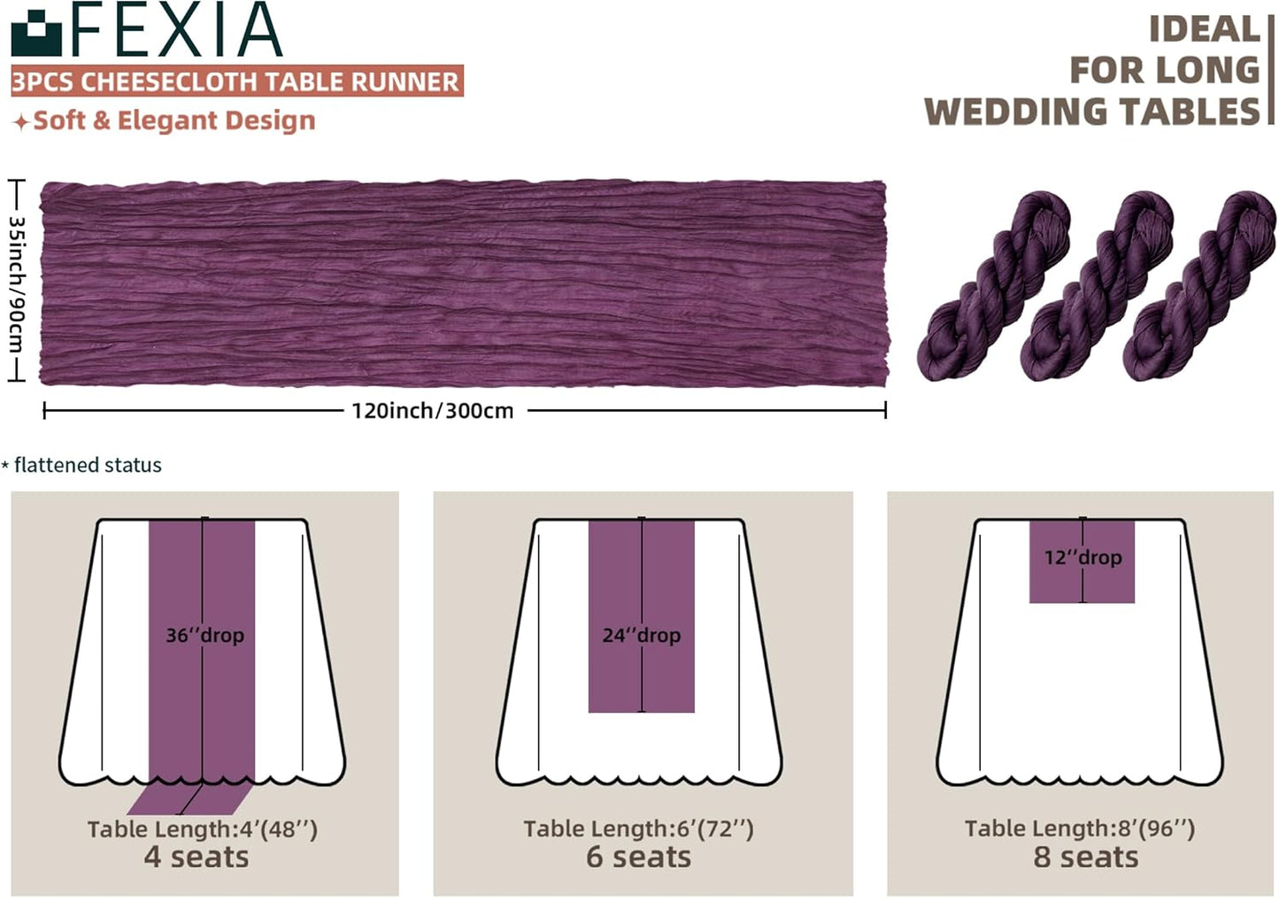 FEXIA 3 Pack Purple Table Runner 35x120 Inches for Baby Shower Decoration Gauze Rustic Table Runner for Wedding Party First Communion Centerpiece Engagement Bridal Shower Boho Decoration