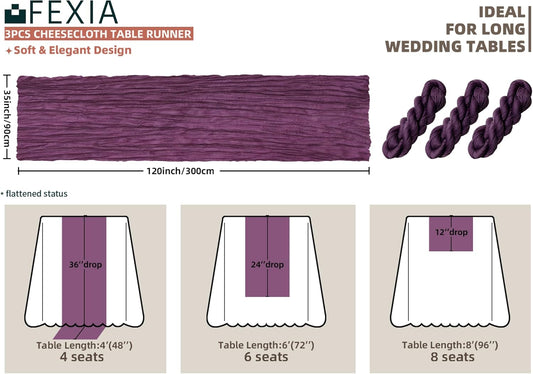 FEXIA 3 Pack Purple Table Runner 35x120 Inches for Baby Shower Decoration Gauze Rustic Table Runner for Wedding Party First Communion Centerpiece Engagement Bridal Shower Boho Decoration