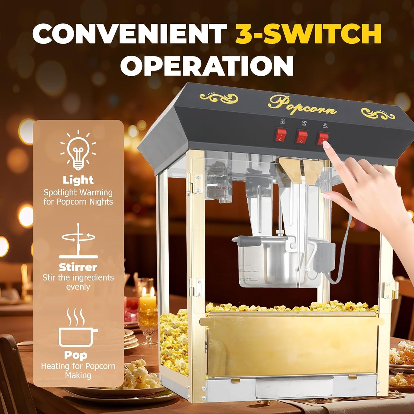 Upgraded 16oz Commercial Popcorn Machine with Cart, Large Popcorn Machine Makes Up to 80 Cups, Movie Theater Pop Corn Machine with Easy-Rolling wheels & Stainless-Steel Kettle, Black&Gold