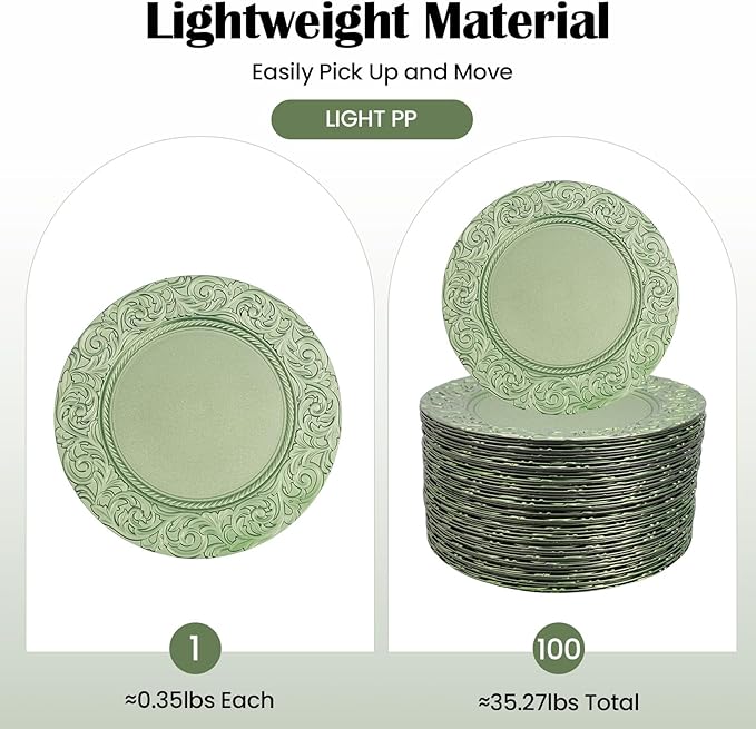 100 Pcs Green Round Charger Plates Bulk, 13 Inch Antique Charger Plate Set Plastic Embossed Dinner Plate for Wedding, Antique Chargers Plates Bulk for Dinner Tabletop Setting Decor (Green)