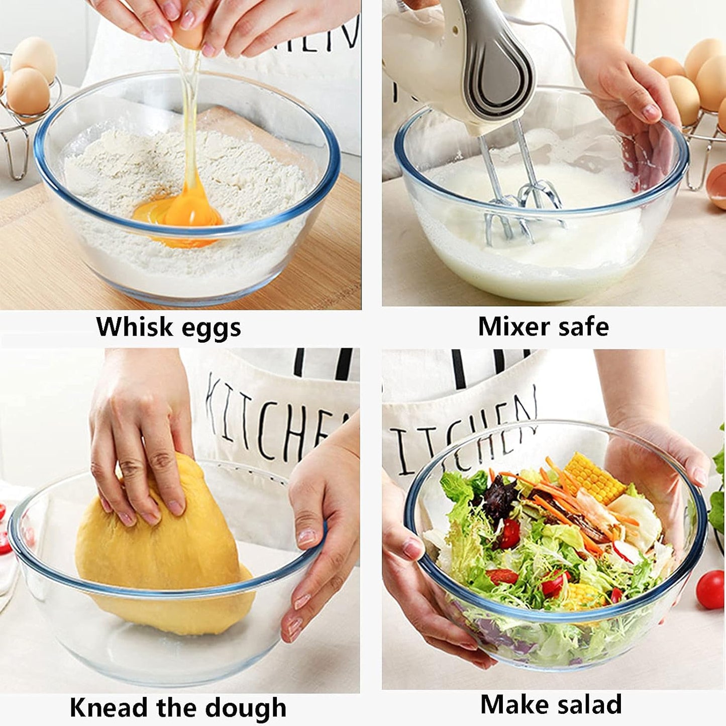 Glass Mixing Bowl Set for Baking 3-Piece Salad Bowl Set (1qt, 2.5qt, 4.2qt), High Brosilicate Large Bowls for Kitchen Prepping Serving and Storage, Microwave Dishwasher Oven Safe