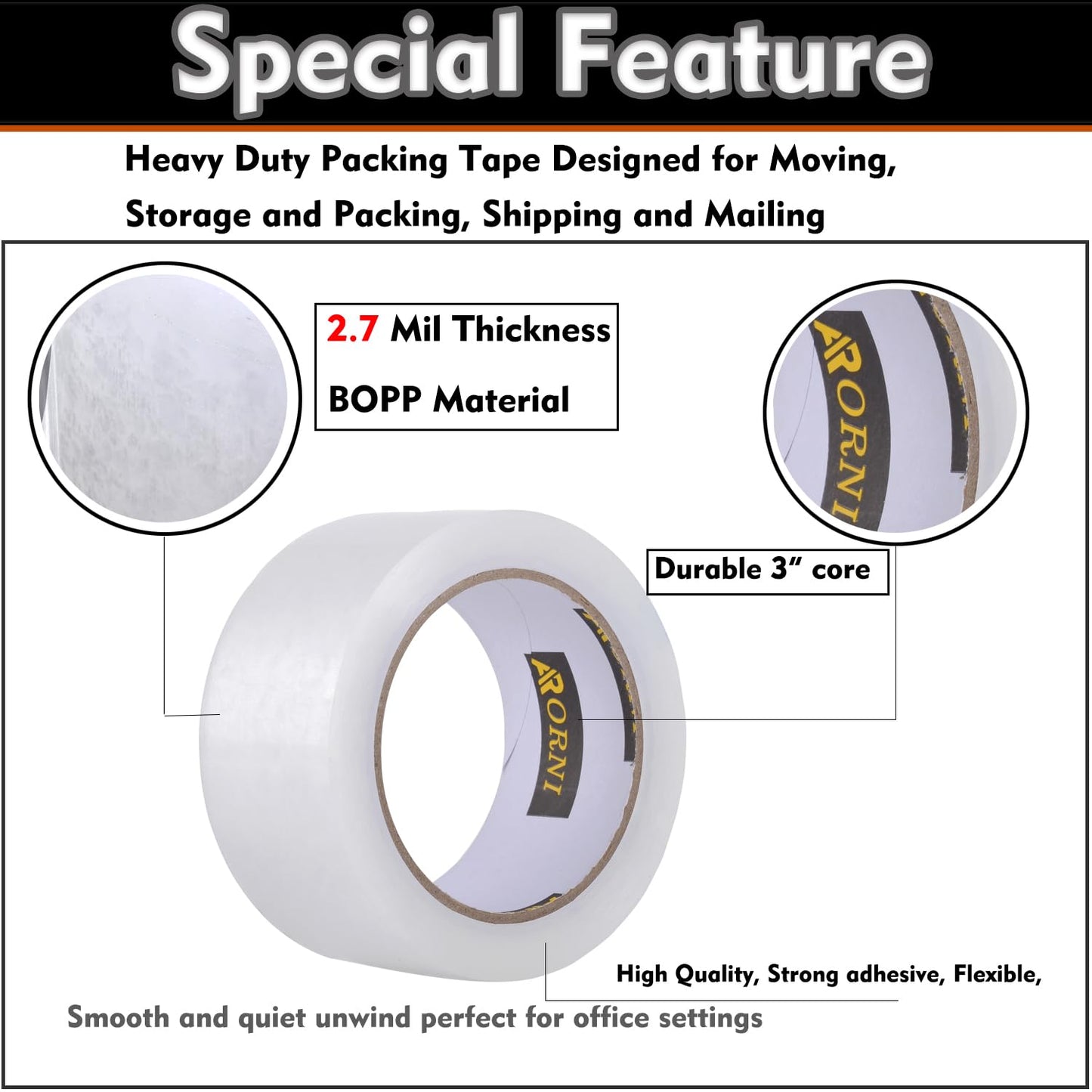 Clear Packing Tape Heavy Duty Refill Rolls Sealing Great for Packing Box Shipping and Moving Supplies Packaging 36 Rolls 1.88" x 65 Yards 3" Core 2.7 Mil Thick Adhesive