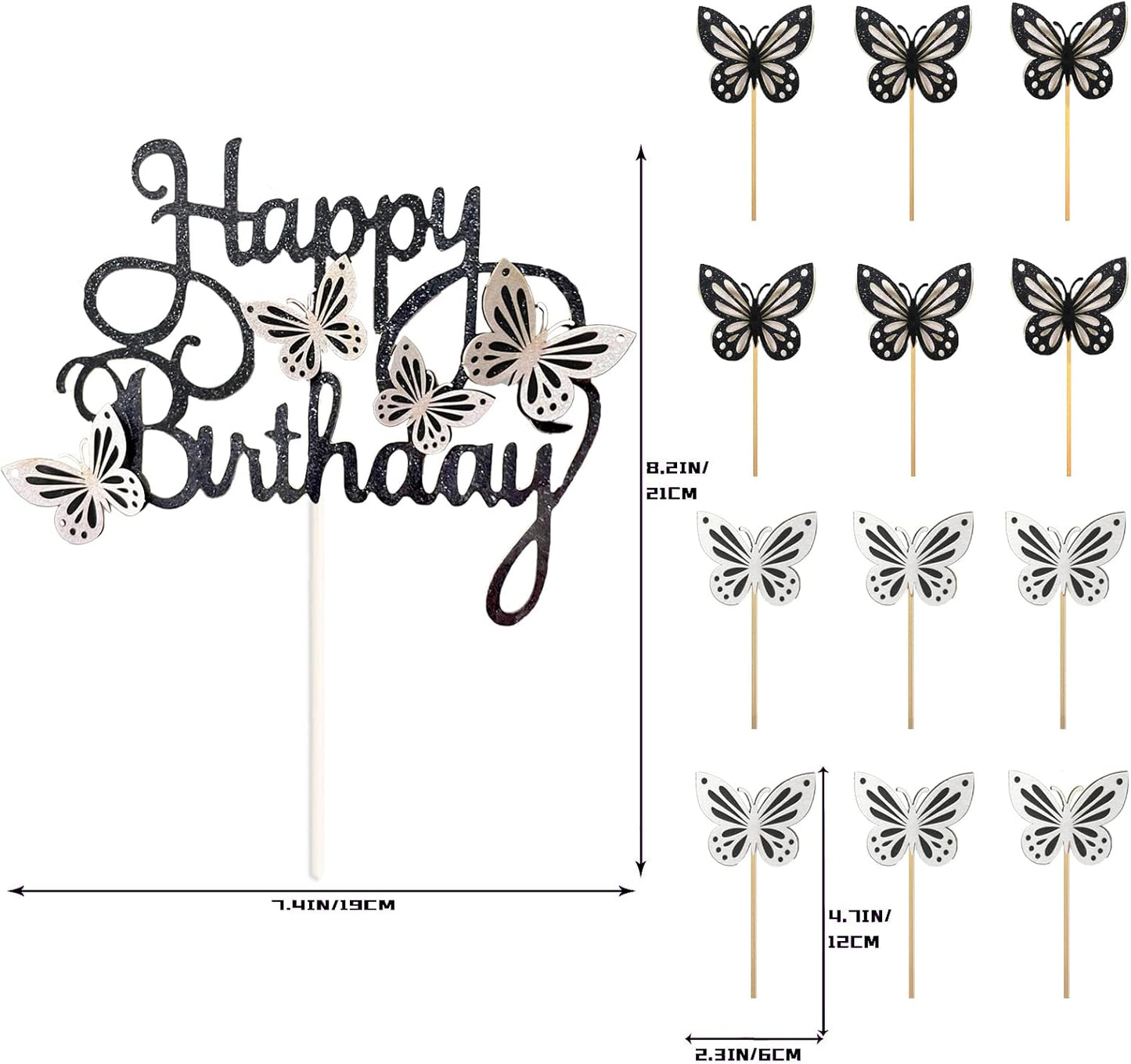 13-Piece Butterfly Cake Toppers - 3D Butterfly Cupcake Toppers for Girls & Women's Birthdays (Black & White)