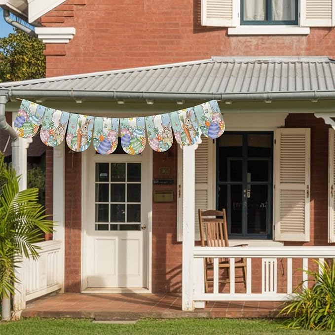 Easter Banner 4Pcs Indoor Outdoor Hanging Banner Flag Spring Rabbit Eucalyptus Leaves Eggs Wooden Sign for Fireplace Mantel Decorative Bunting Garland Valance for Shop Door Mantle Decor 7.9"x11.8"