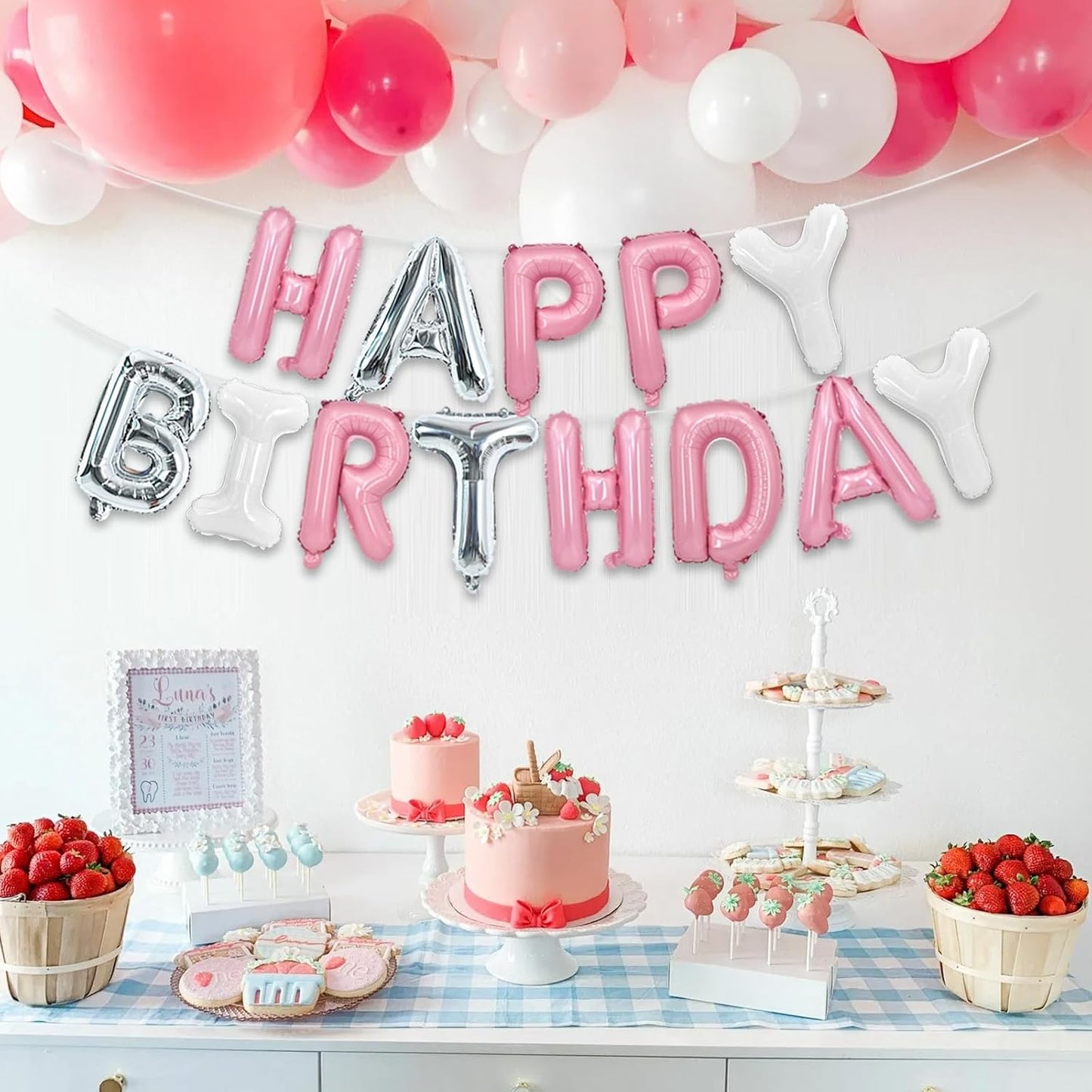 TONIFUL Happy Birthday Balloons Banner 16 Inch Mylar Foil Letters Birthday Sign Reusable for Girls Boys Kids & Adults Birthday Party Decorations Supplies（Pink Silver White）