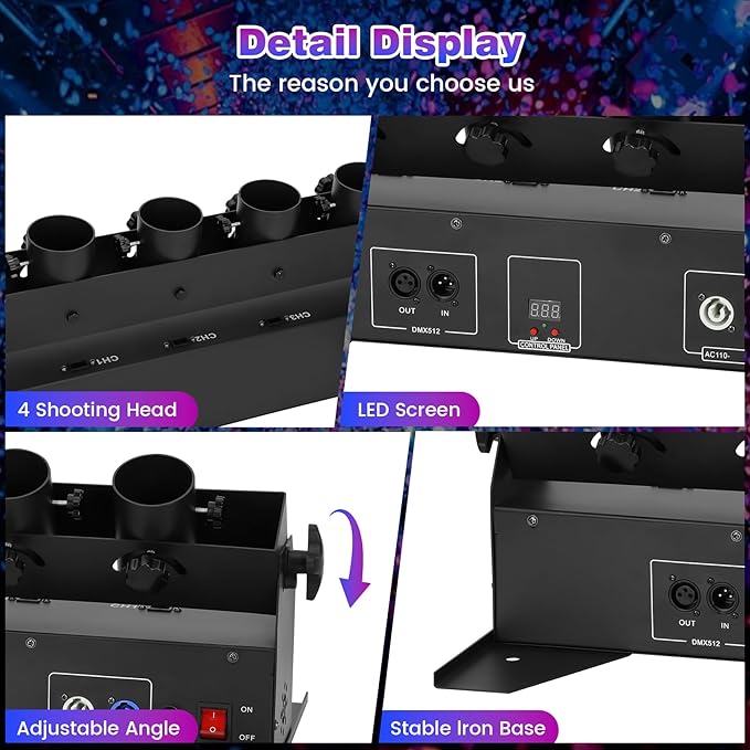 Professional Confetti Launcher Cannon Machine, 4-Shot Electric Confetti Machine with Remote/DMX Control & Adjustable Angle, Perfect Partner for Party, Wedding, DJ Nightclub, Stage, Christmas