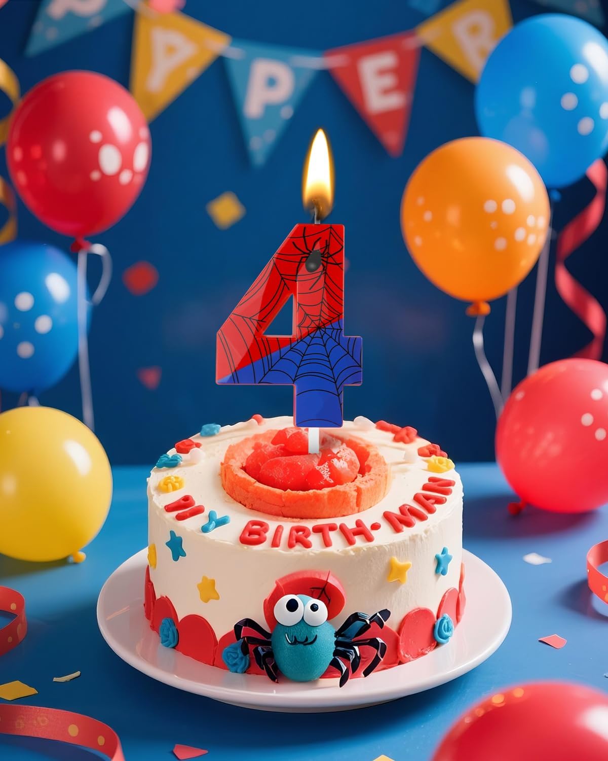 Number 4 Spider Themed Birthday Candle, 2.68 Inch Red Blue Spider Birthday Candles, Number Candles Birthday Cake Toppers Web Candles for Boy Girl Spider Party Decoration Supplies Halloween Party