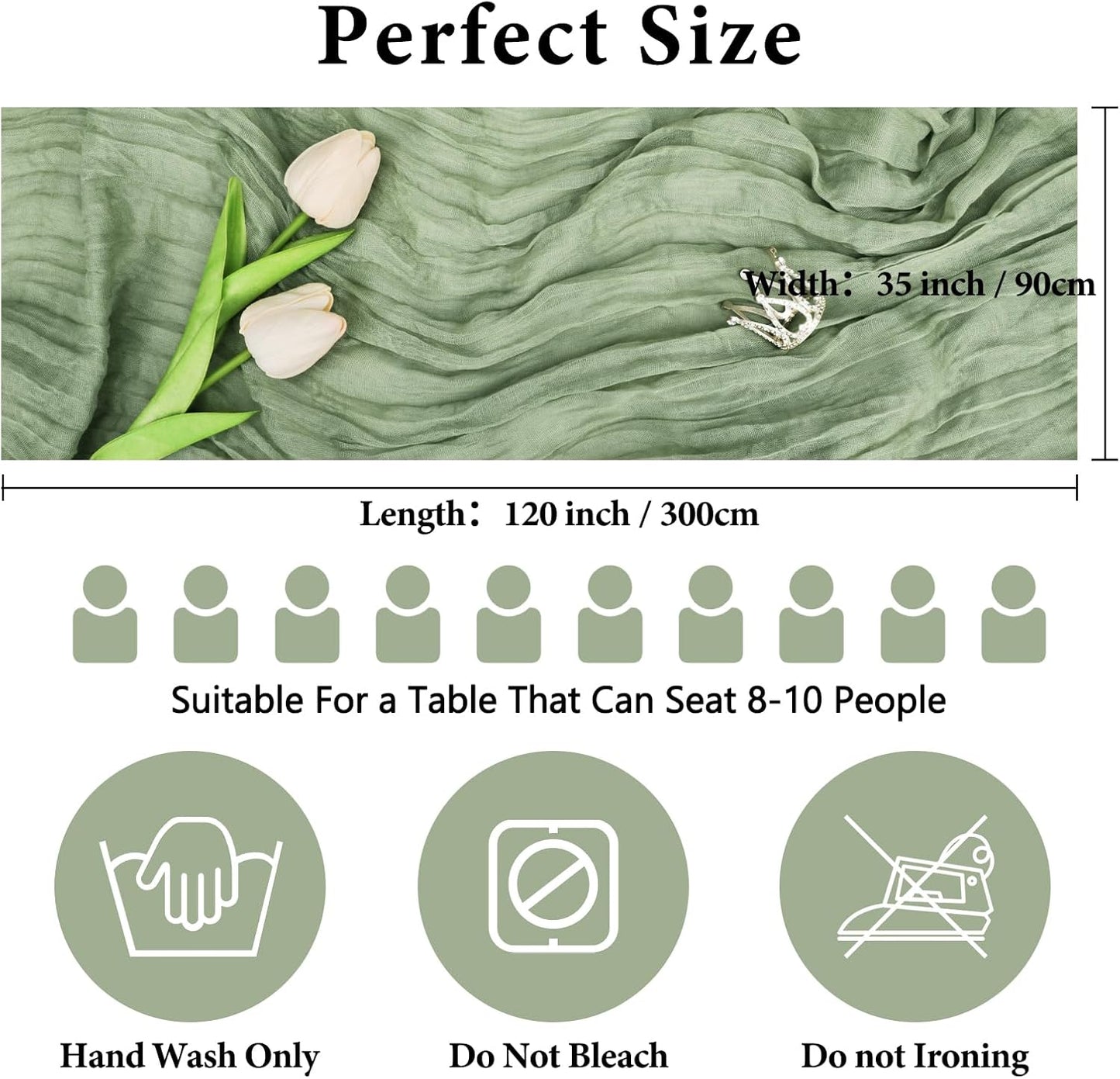 NESCCI 2 Pack Sage Green Table Runner,Rustic Boho Cheesecloth Table Runner,35x120 Inches Runners for Tables, Pefect for Mothers Day Wedding Baby Shower Birthday Party Home Decorations