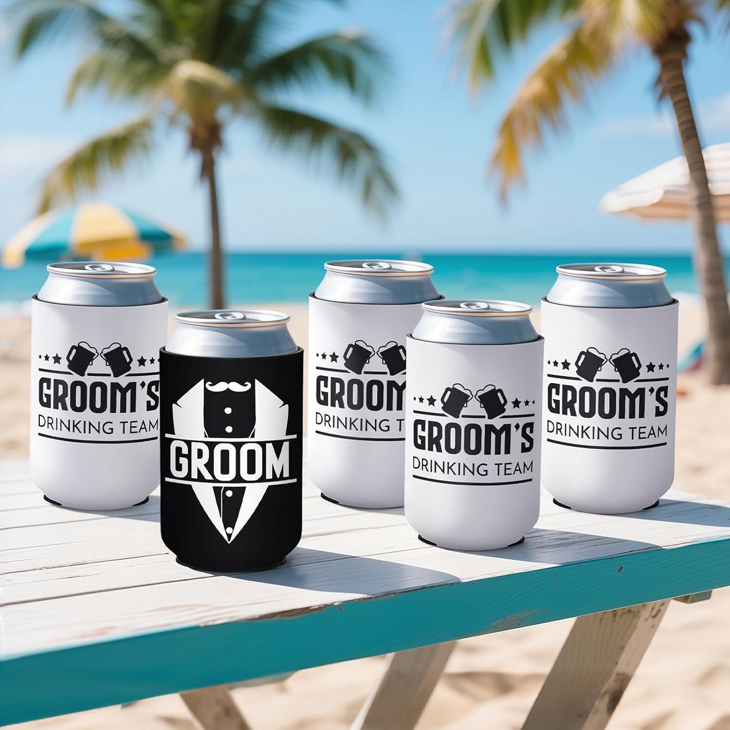 12 Pack Bachelor Party Can Coolers with Groom Squad Design, Insulated Neoprene Beer Sleeves for Men, Black & White Reusable Drink Holders Groomsmen Gifts