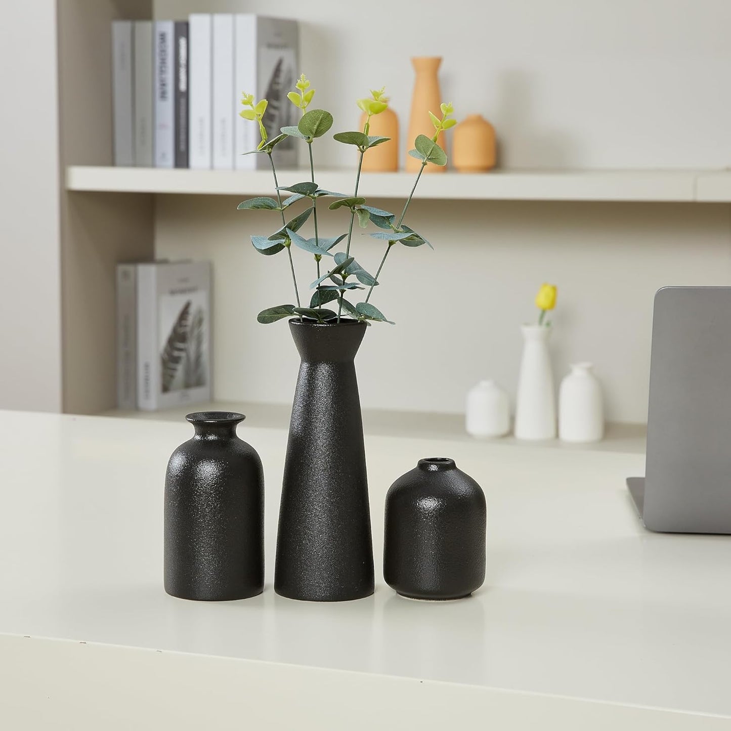 Black Ceramic Vase Set of 3,Small Boho Vase for for Decor,Matte Frosted Texture Finish,Modern Rustic Farmhouse Home Decor,Decorative vase for Pampas Grass&Dried Flowers,Shelf,Table,Mantel,Entryway