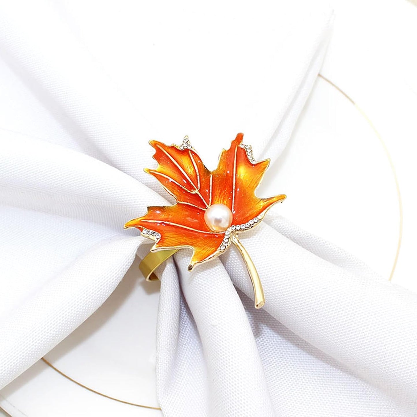 8Pcs Maple Leaves Napkin Rings, Fall Metal Napkin Rings Holder Maple Leaves Serviette Buckle Holder Autumn Pearl Maple Leaf Napkin Buckle for Harvest Season Thanksgiving Fall Decoration