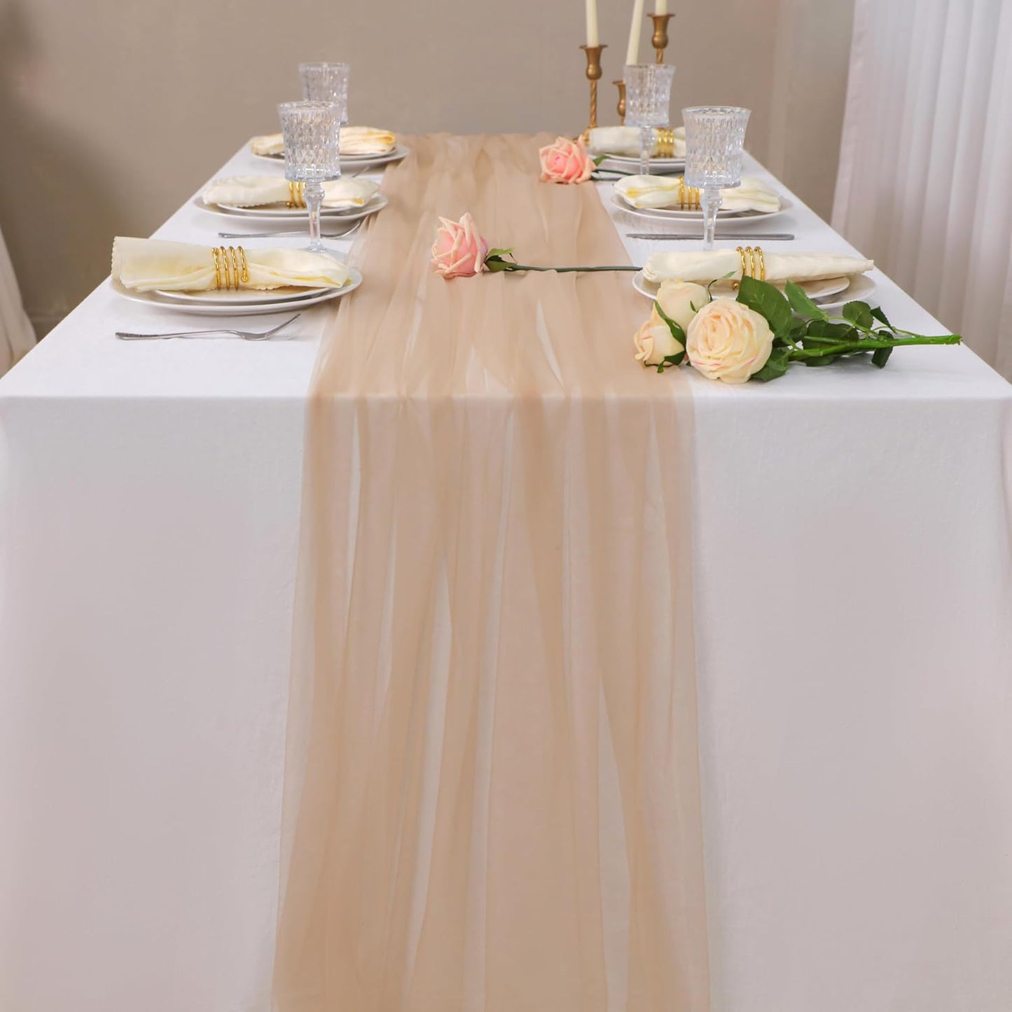Snowkingdom Tan Table Runner, 10 FT Sheer Tulle Nude Cheesecloth Gauze, Boho Elegant Table Decoration for Home Party Wedding Birthday Baby Shower Christmas Holiday