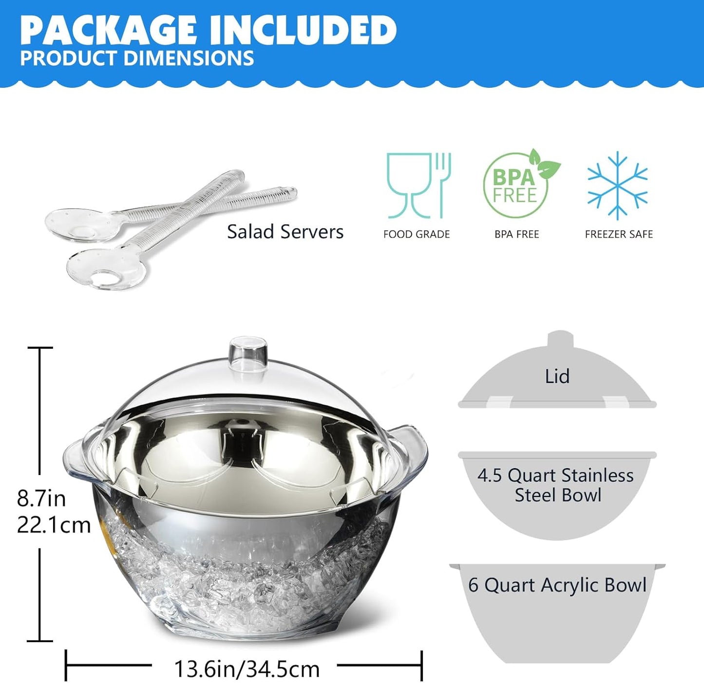 MEHOEIME Large Ice Chill Salad Bowl with Lid, Iced Serving Bowl with Ice Chiller Base For Parties, Keep Food Cold at Party, Ice Chilled Tray, Long Spoons, Extra, Clear, MH-DSLW-C3