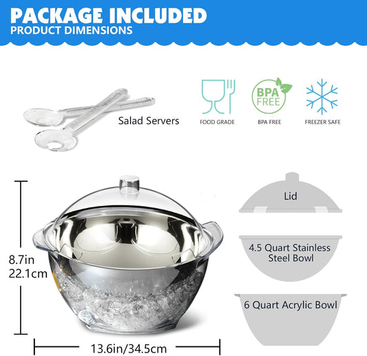 MEHOEIME Large Ice Chill Salad Bowl with Lid, Iced Serving Bowl with Ice Chiller Base For Parties, Keep Food Cold at Party, Ice Chilled Tray, Long Spoons, Extra, Clear, MH-DSLW-C3