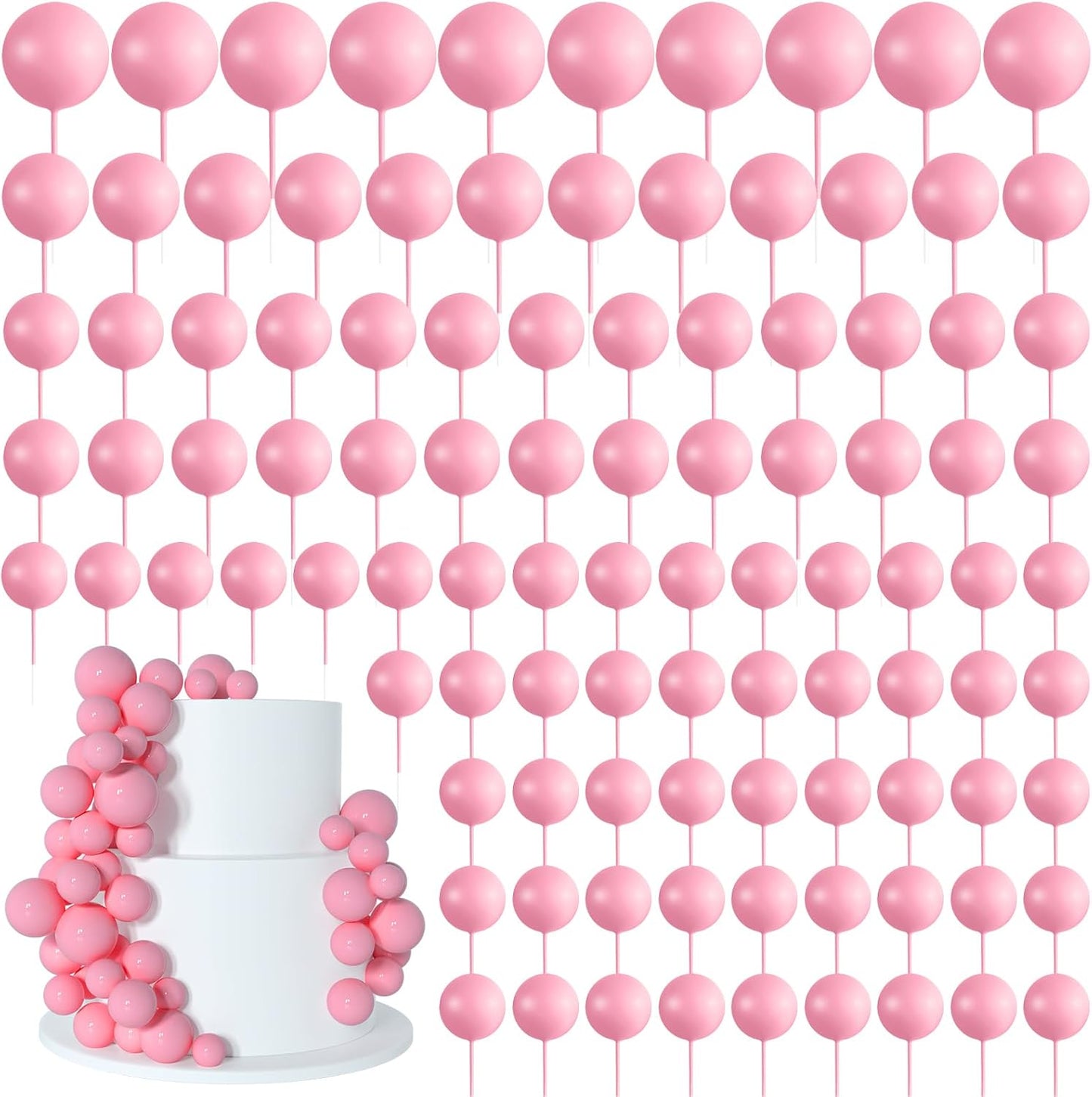 138 Pcs Pink Balls Cake Topper Decorations Balloon Cupcake Toppers Foam Multisize Cake Topper Balls for Birthday Party Wedding Anniversary