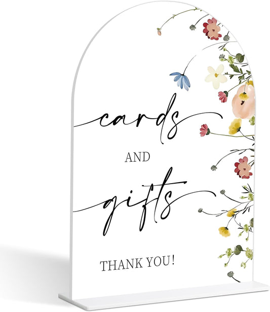 Cards and Gifts Sign, Flower Style Gift Table Sign for Wedding Reception, Bridal Shower and Engagement, Centerpiece Party Decorations, Wedding Shower Favors, 6X8 Inch Acrylic Arch Sign with Stand,37