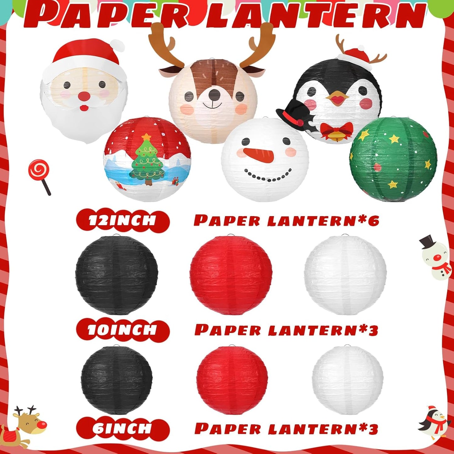 Bencailor 12 Pcs Christmas Hanging Paper Lanterns Set Decorative Christmas Party Lanterns Round Hanging Lamps for Xmas Home Decoration Supplies Props Holiday Decor (Elk,12 Inch, 10 Inch, 6 Inch)