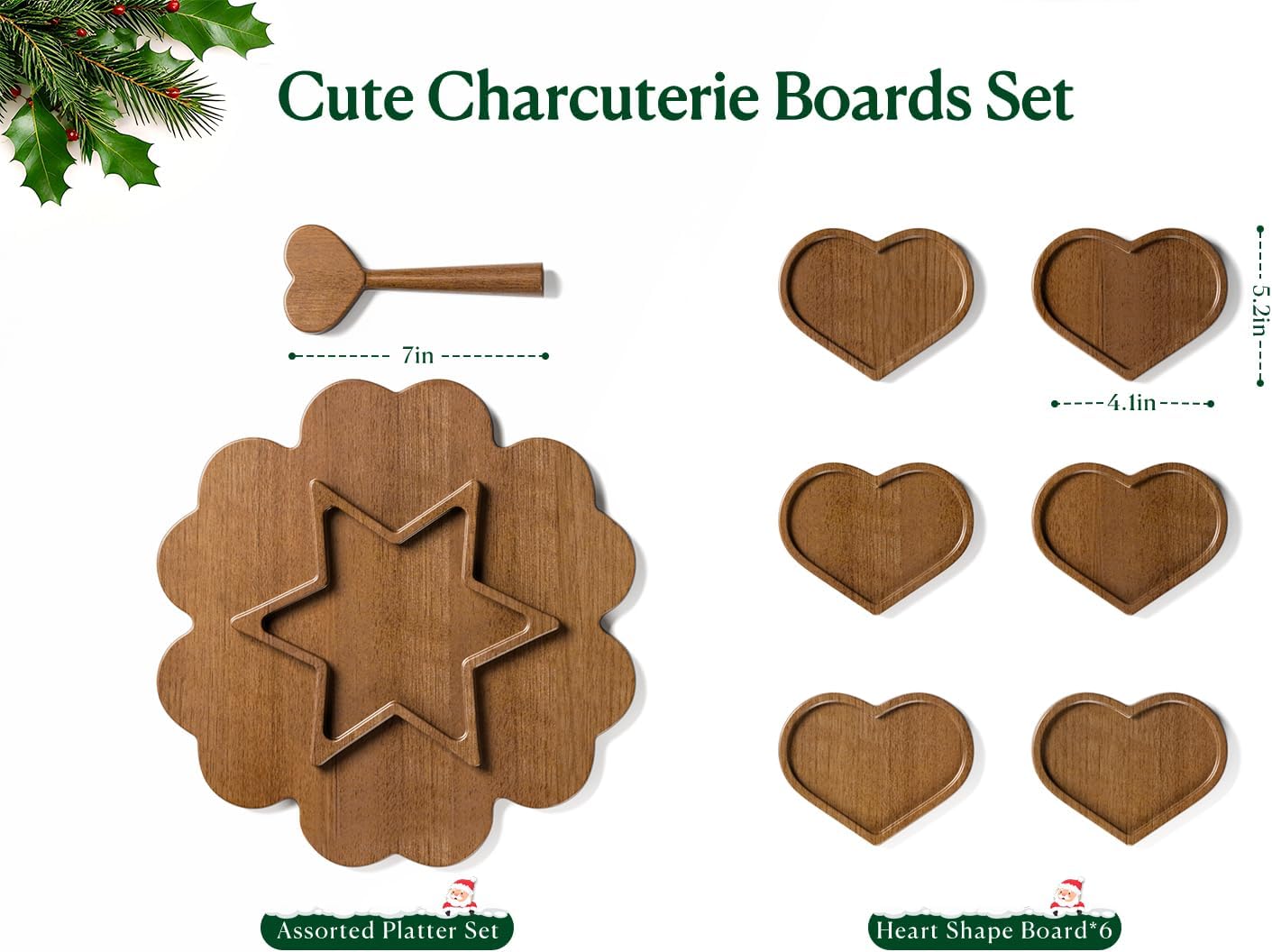 Rubber Wooden Charcuterie Boards Gift Set, Heart Shaped Christmas Funny Charcuterie Board with Handle, Cute Puzzle Snacks Cheese Board Platter Serving Tray for Chirstmas Gift