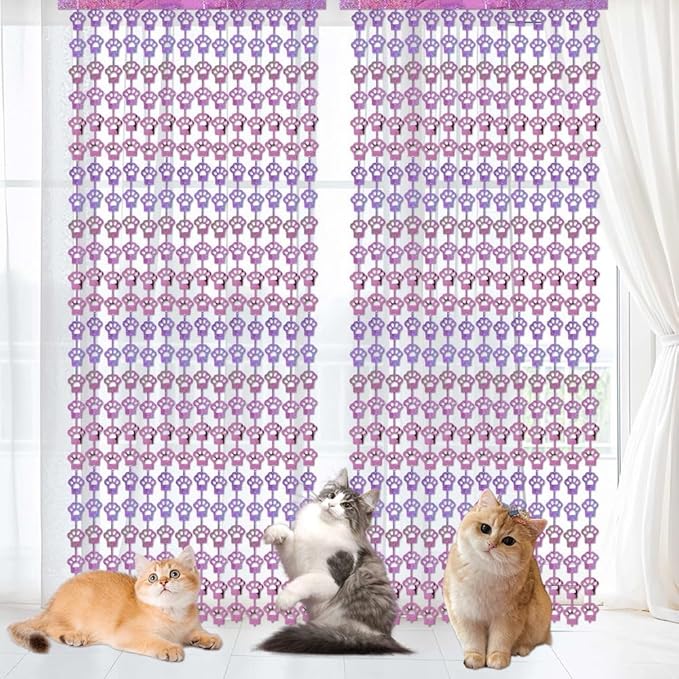 Cat Party Decorations - 2 Packs Pink Paw Foil Fringe Streamers Curtains for Boys Girls Birthday Backdrop Decorations, Pet Themed Photo Booth Prop (3.3x6.6 ft)