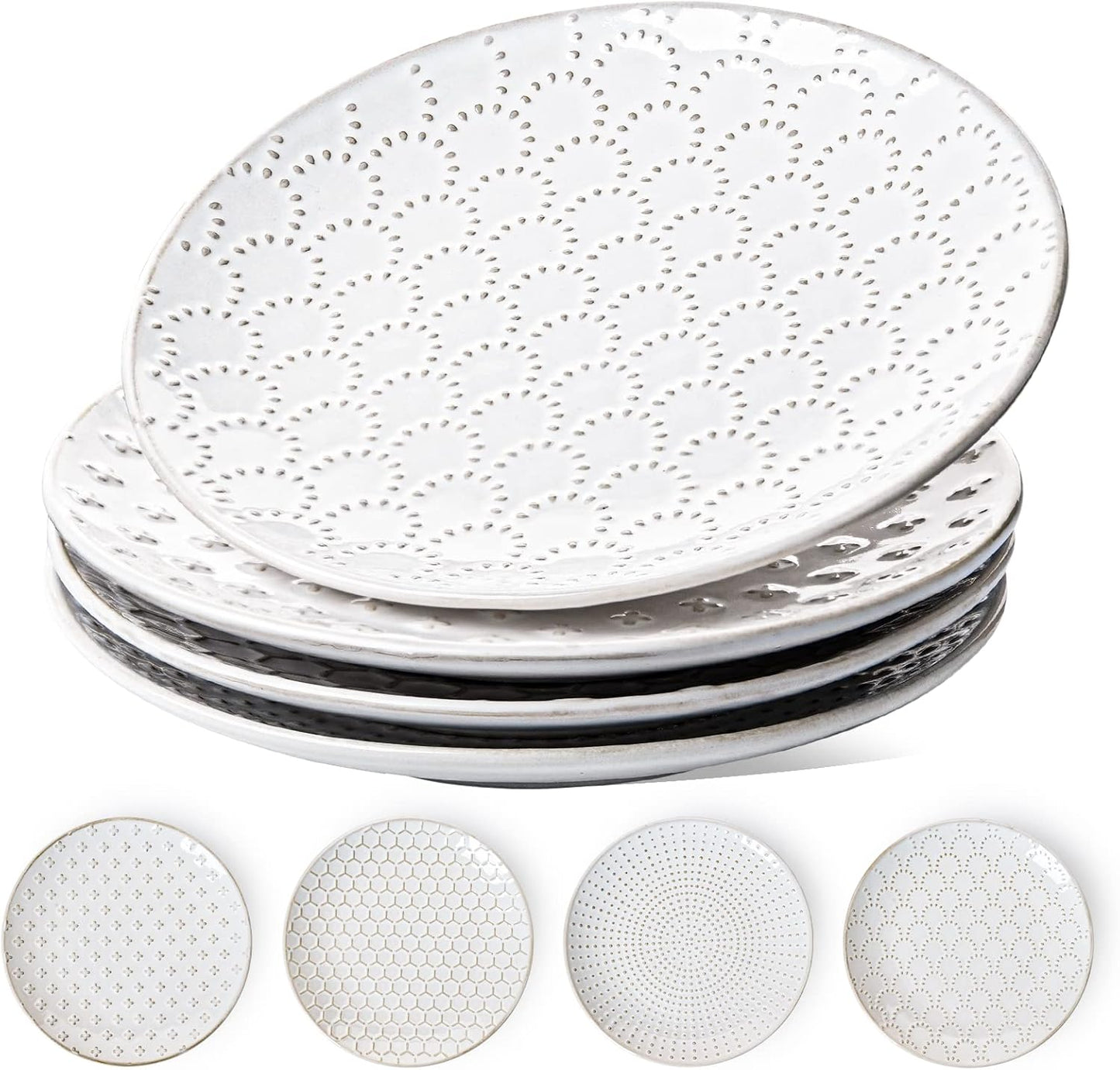 LE TAUCI Salad Plates 8 Inch, Ceramic Embossment Plate Set for Dessert Appetizer Small Dinner, Suit For Housewarming Wedding -Set of 4, Arctic White