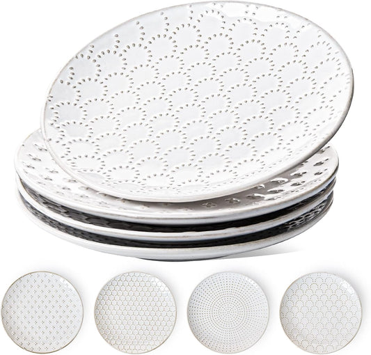 LE TAUCI Salad Plates 8 Inch, Ceramic Embossment Plate Set for Dessert Appetizer Small Dinner, Suit For Housewarming Wedding -Set of 4, Arctic White