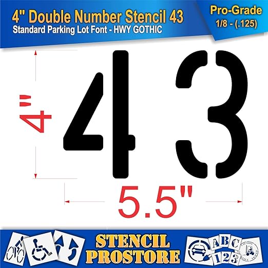 Pavement, Curb, and WheelStop Stencils - 4 inch Double Number Stencil - (43) - 4" x 5.5" x 1/8" (128 mil) - Pro-Grade