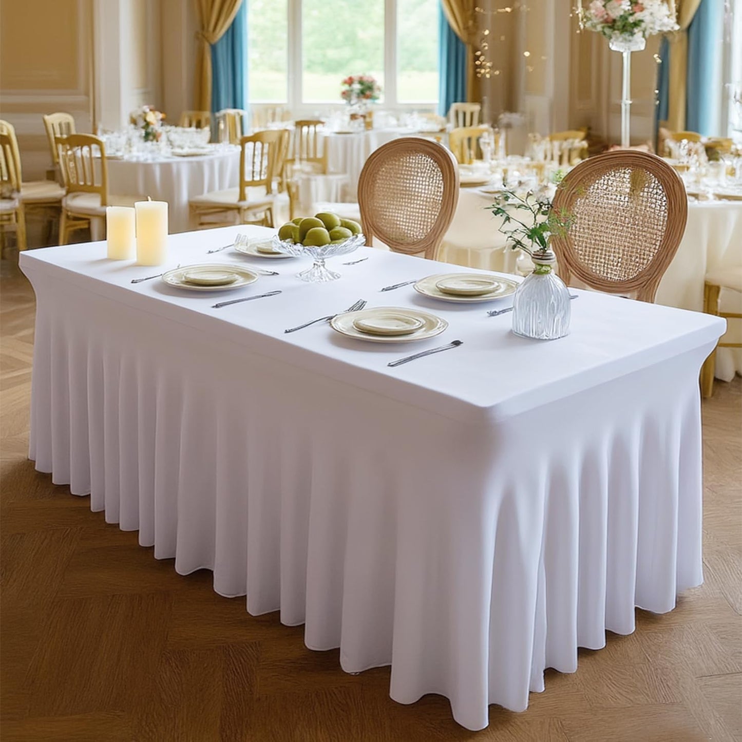 Table Skirt for 6ft Tables Spandex White Table Cover with Skirt 2Packs Stretchy Tablecloth Wrinkle-Resistant Ruffles Elastic Table Covers for Wedding, Banquet, Birthday Parties