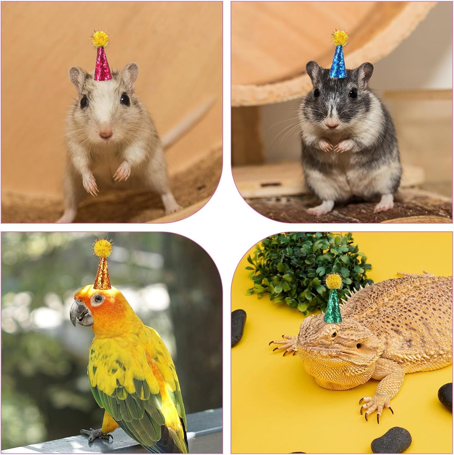 10 Pcs Party Hats for Stuffed Animals, Multi-Color Glitter Adjustable Mini Party Hats for Stuffed Animals, Mini Birthday Hat with Tinsel Pom Pom for Small Pets, Dolls Decorations