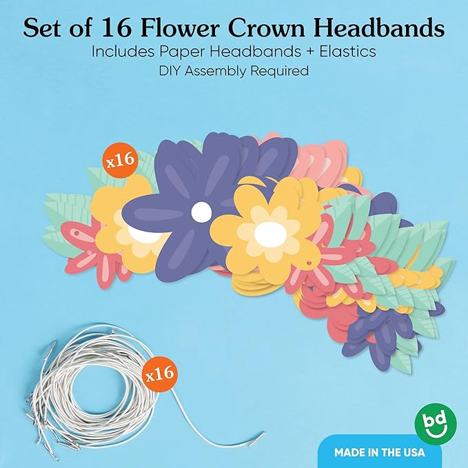 Big Dot of Happiness Paper Flower Crowns, Colorful Floral Tiara Headbands for Girls' Birthday Party, DIY Boho Party Hat Favors, 16 Count