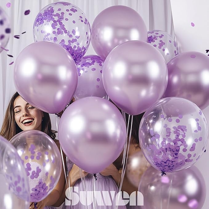 SUWEN Metallic Lavender Balloons and Confetti Balloons Set 47PCS Latex Helium Chrome Light Purple Balloon for Birthday Anniversary Party Decorations