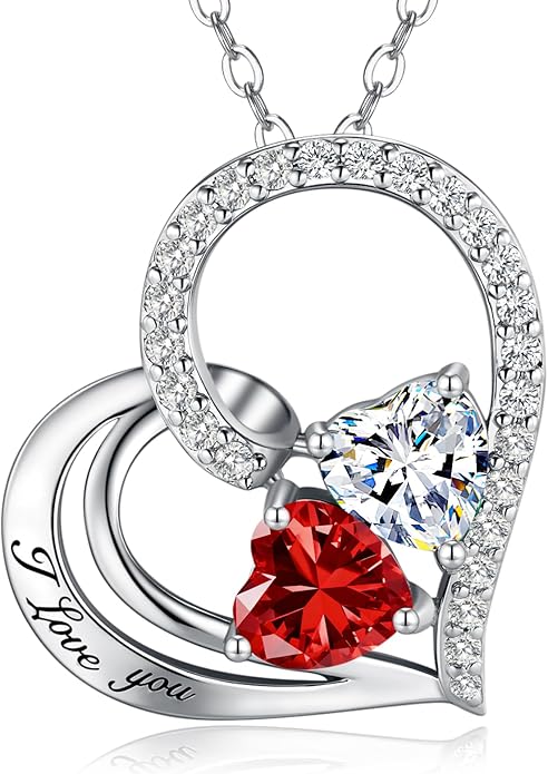 Double Birthstone Heart Necklace 0.8CT Dual-Gemstone S925 Sterling Silver Plated White Gold Engraved I Love You Perfect Anniversary/Valentine's Day Gift for Wife/Girlfriend/Mom/Daughter
