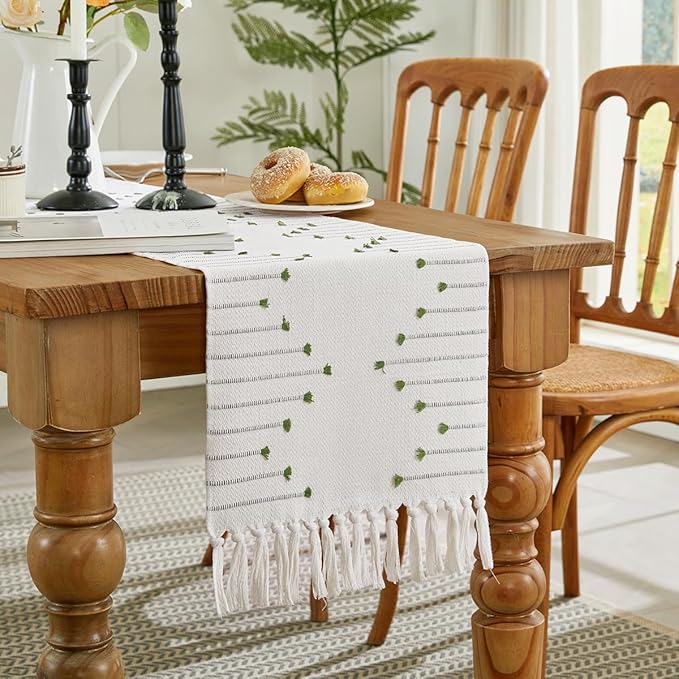 Wracra Boho Table Runner, Natural Cotton Woven Macrame Table Runners 72 Inches Long for Modern Farmhouse Woven Home Decor, 14x72 Inch, Green