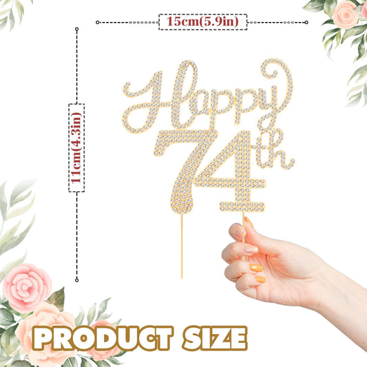 Happy 74th Birthday Decorations,74th Birthday Gold Rhinestone Cake Topper - Cheers to 74 Years Old Bday Party Metal Sparkly Cake Centerpieces Sign.