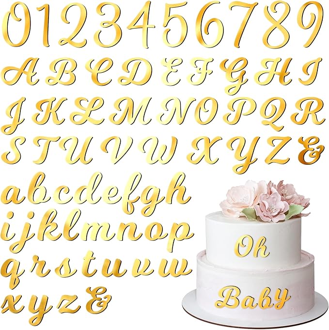 Jspupifip 128 Pcs Acrylic Alphanumeric Cake Topper Diy Cake Decoration with Mirror Number 0-9 and Alphabet A-Z Personalized Cake Picks Decor Anniversary Baby Shower Party Supplies(Gold)