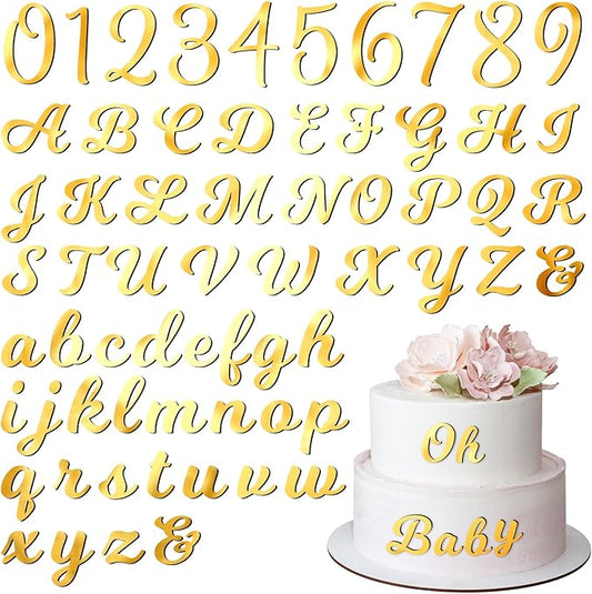 Jspupifip 128 Pcs Acrylic Alphanumeric Cake Topper Diy Cake Decoration with Mirror Number 0-9 and Alphabet A-Z Personalized Cake Picks Decor Anniversary Baby Shower Party Supplies(Gold)