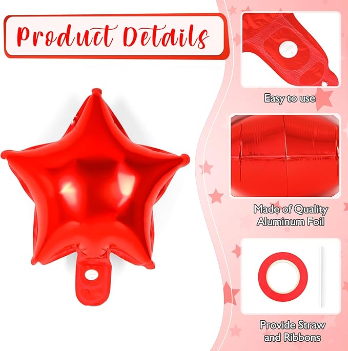 50 Pcs Star Balloons,10 Inch Red Star Foil Balloons,Stars Shaped Balloon Mylar Helium Balloon for Birthday Party Anniversary Wedding Baby Shower Decorations (10inch-red)