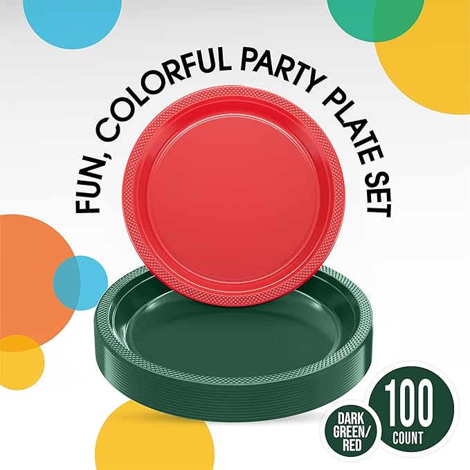 Party Solids Green & Red Plastic Plates For Party Supplies, Green & Red Disposable Plates 100 Pieces - 50-7" & 50-9" Heavy Duty 350 GSM Disposable Dinnerware Sets, Plastic Dinnerware Sets