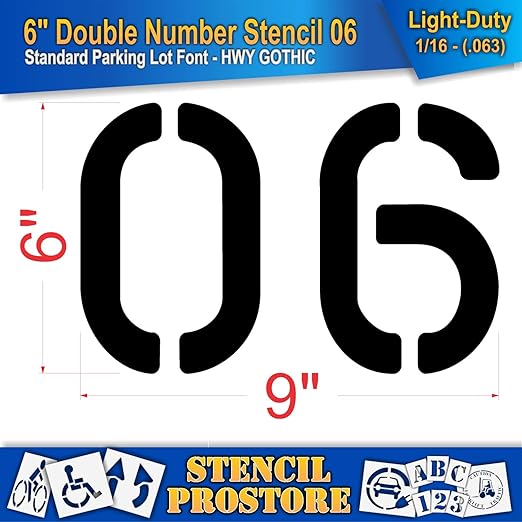Pavement, Curb, and WheelStop Stencils - 6 inch Double Number Stencil - (06) - 6" x 9" x 1/16" (63 mil) - Light-Duty