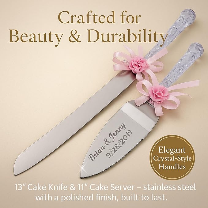 GIFTS INFINITY Personalized Wedding Cake Knife and Server Set with Engraving – Cake Cutting Utensil Set, Keepsake Gift for Wedding, Anniversary, Reception, Birthday & Other Occasions (Flower HG Pink)