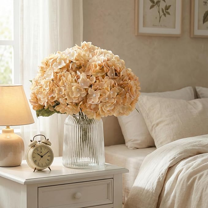 2Bouquets Artificial Fake Flowers Plants Silk Hydrangea Arrangements Wedding Bouquets Decorations Plastic Floral Home Kitchen Garden Party Festival Bar DIY (Cream,5 Flower Heads)
