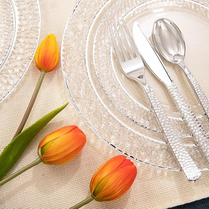Ciaell 150PCS Clear Silver Plastic Plates - Silver Disposable Plates include 25Dinner Plate, 25Dessert Plate, 25Forks, 25Knives, 25Spoons, 25Cups for Weddings & Parties