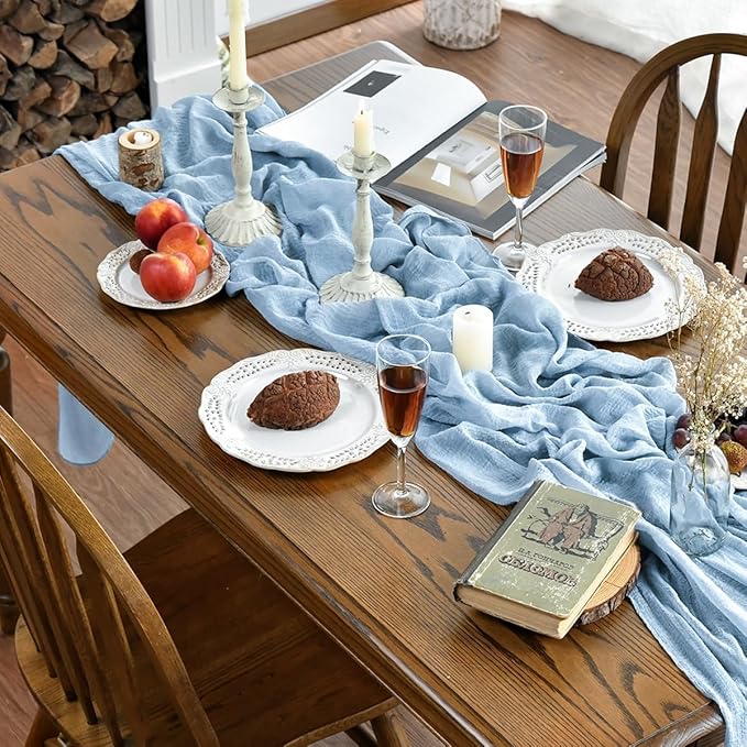 Artoid Mode Boho Cheesecloth Gauze Ice Blue Wedding Table Runner, 160 Inch Seasonal Fabric Kitchen Dining Holiday Table Decor for Home Party Indoor