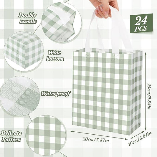 Supervitae 24 Pack Gingham Gift Bags Medium Green and White Theme Party Decoration Supplies Reusable Non Woven Totes for Checkered Dinner Baby Shower Wedding Party Favor(9.8" x 7.9" x 3.9")