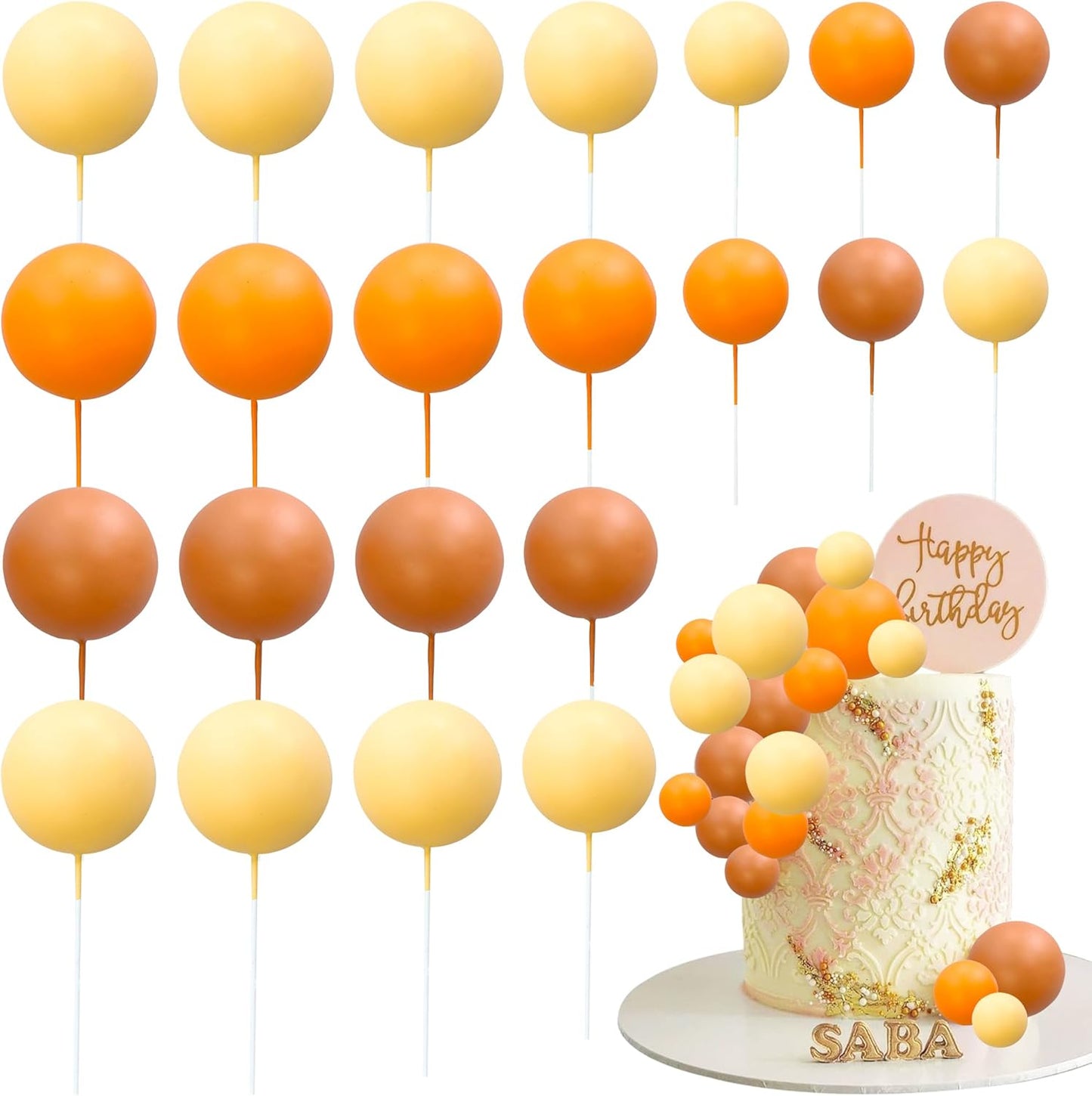 Ephlyn 30Pcs Ball Cake Topper Ball Cake Picks Colorful Pearl Ball Shaped Cupcake Insert Cake Topper for Bear Theme Birthday Party Favors Wedding Decoration Orange Yellow