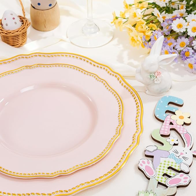 Hioasis 60pcs Pink Plastic Plates - Pink and Gold Disposable Dinnerware with Gold Rim, Heavy-duty, 10.25 inch, Dinner Plates for Party & Easter