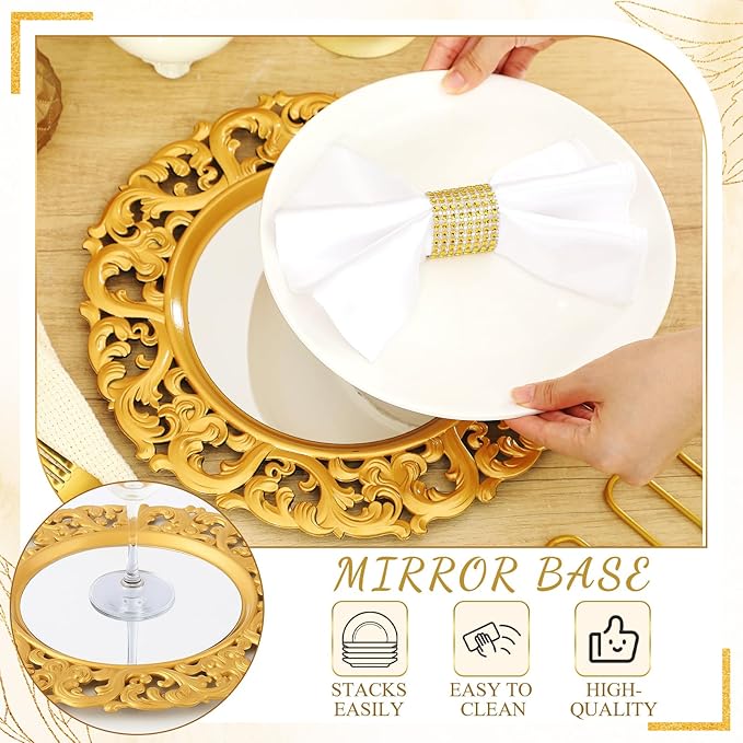 Maxdot 6 Pcs 13" Gold Mirror Charger Plates for Dinner Plates Plastic Round Embossed Edge Dinner Chargers for Table Setting Wedding Party Christmas Holiday Supplies Elegant Tabletop