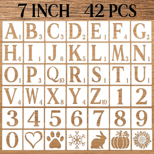 7 Inch Letter Stencils Numbers Craft Stencils, 42 Pcs Reusable Plastic Alphabet Drawing Templates for Painting on Wood, Wall, Fabric, Rock, Signage, Door Porch, DIY Art Projects