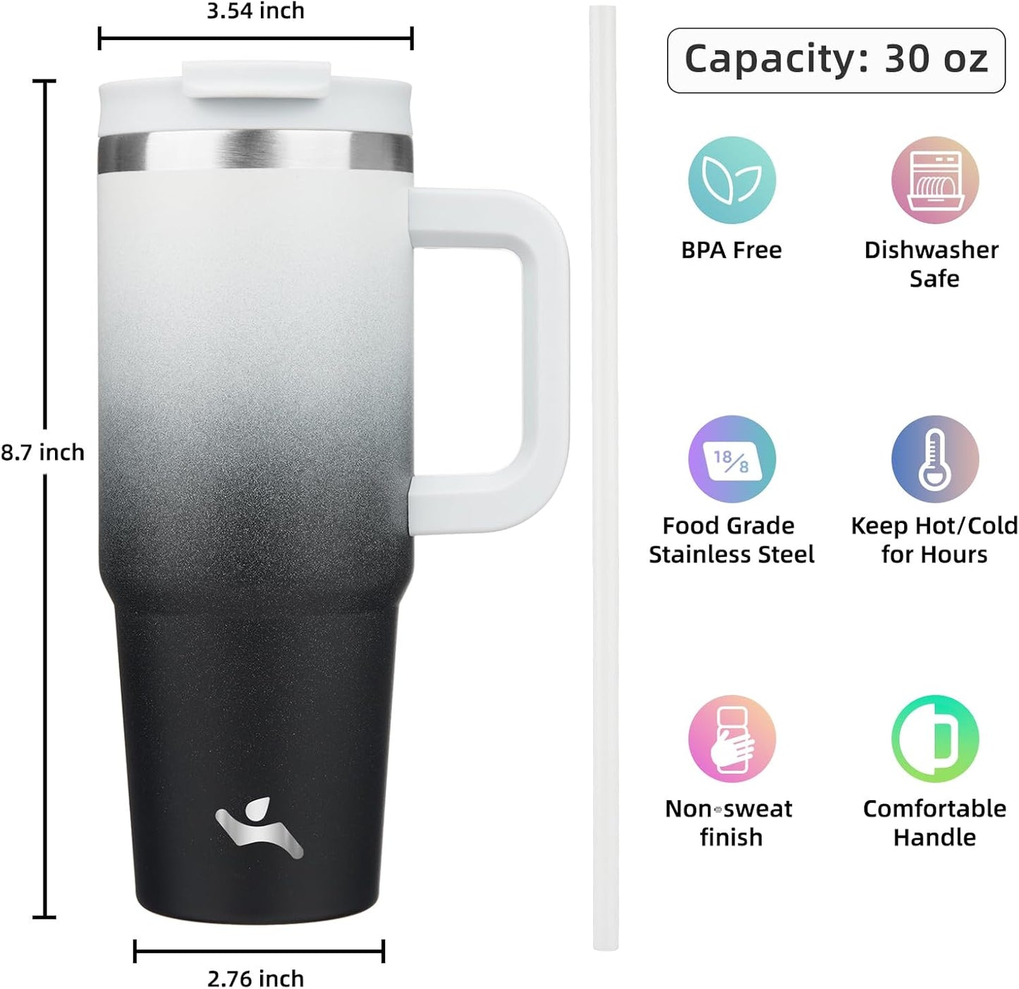 30 oz Tumbler with Handle and 2 Straws,2 in 1 Lid Insulated Water Bottle Stainless Steel Travel Coffee Mug,Day Night