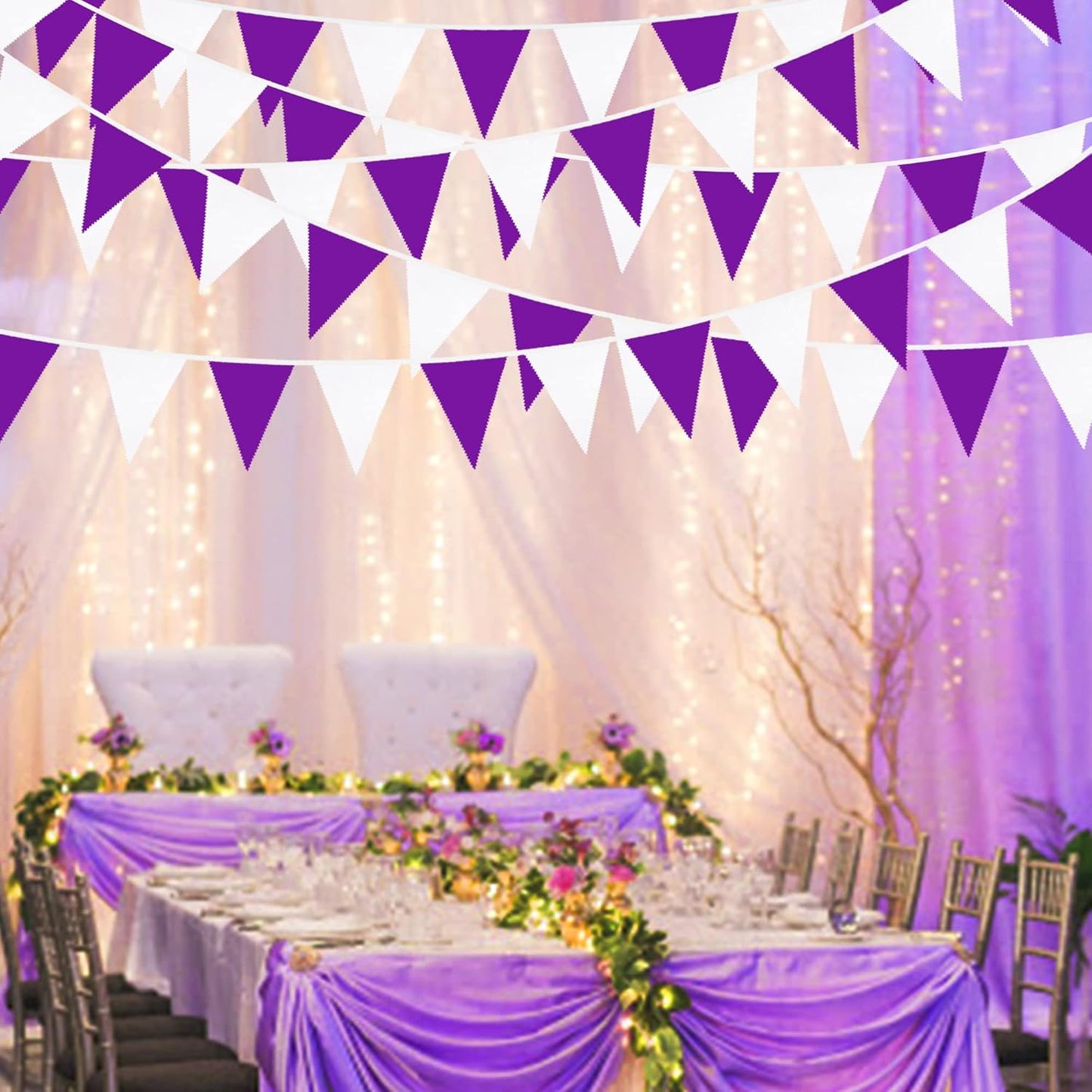 32Ft Purple and White Pennant Banner Fabric Triangle Flag Cotton Cloth Bunting Garland Kit for Wedding Birthday Lavender Party Home Nursery Outdoor Garden Hanging Festivals Decoration