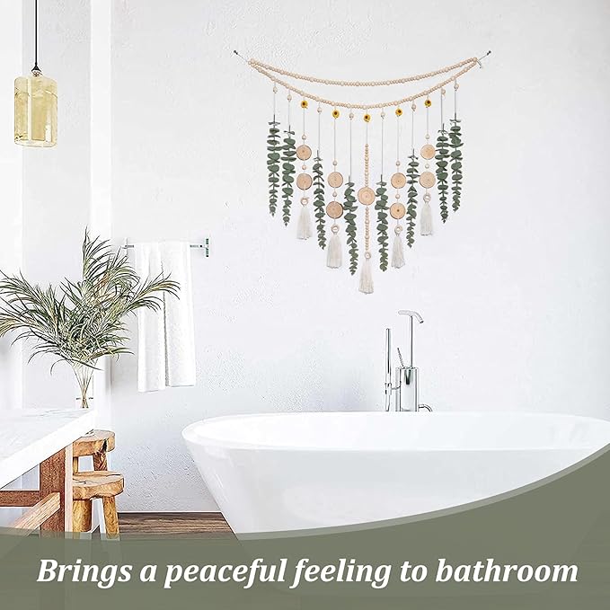 Artificial Hanging Eucalyptus Wall Decor Fake Plant Greenery Stems on 29" Sunflower Bead Garland Sage Green Boho Rustic Farmhouse Wall Art for Bathroom Bedroom Living Room